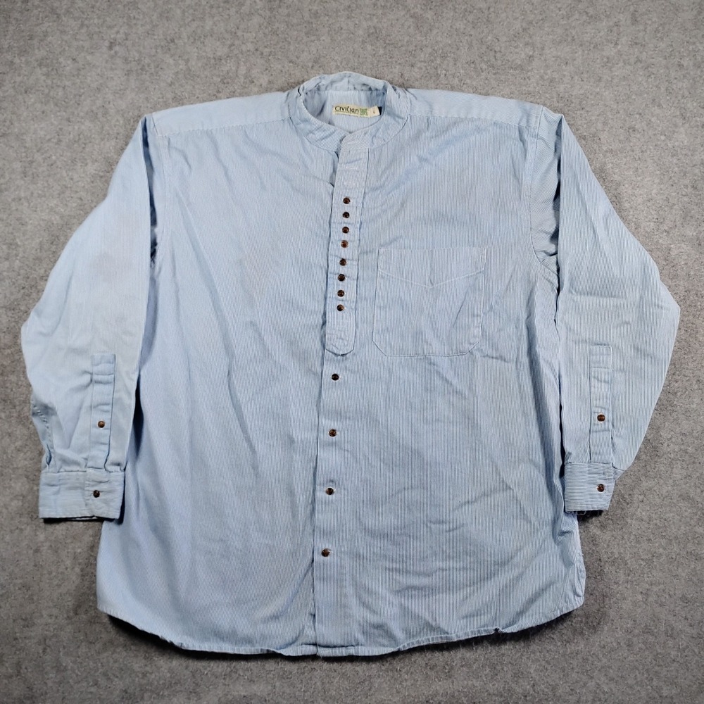 Civilian Mens Blue White Striped Grandfather Collar Henley Shirt Large L